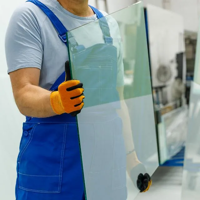 un homme pose une vitre